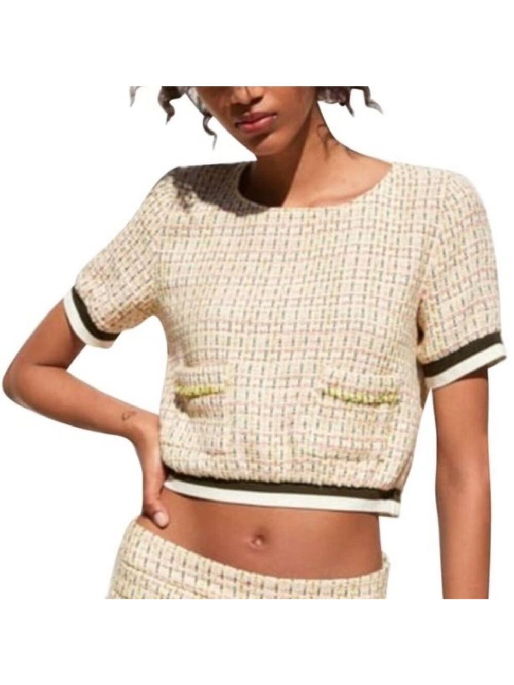 NWT Zara yellow cropped tweed & varsity stripe top XS